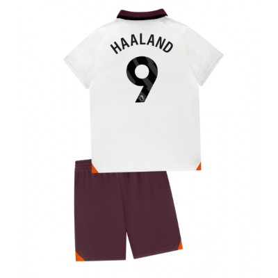 Otroški Nogometni dresi Manchester City Erling Haaland #9 Gostujoči 2023-24 Kratek Rokav (+ Kratke hlače)